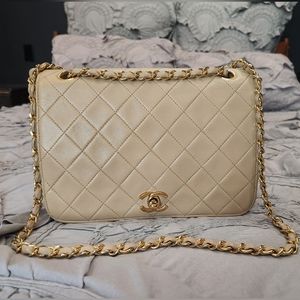 Chanel Classic Flap Beige Lambskin Bag Chain Strap Gold Hardware Mini Small